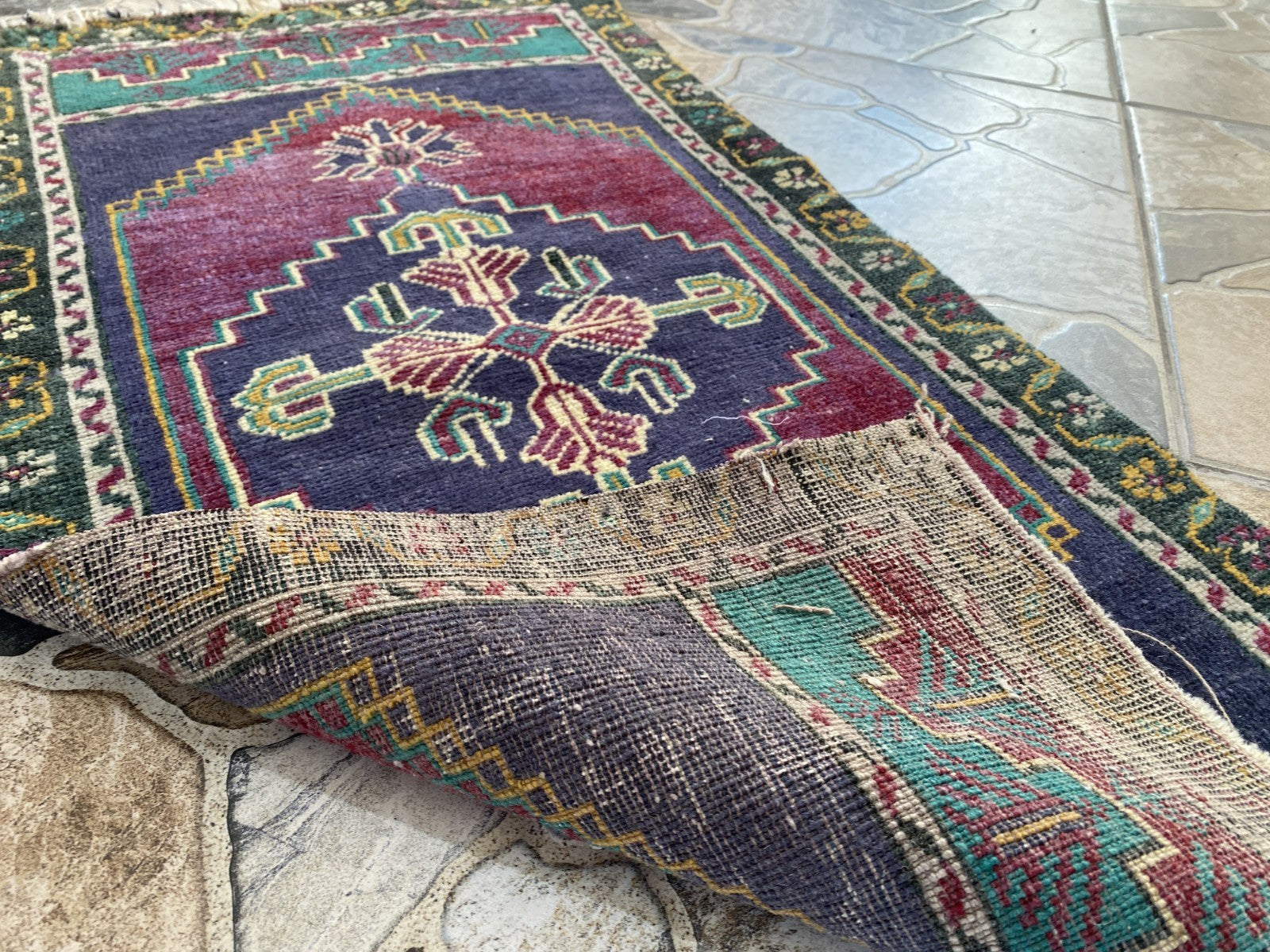 Vintage Turkish Rug 1.6x3.1 Hand Knotted Anatolian Geometric Wool Small Carpet