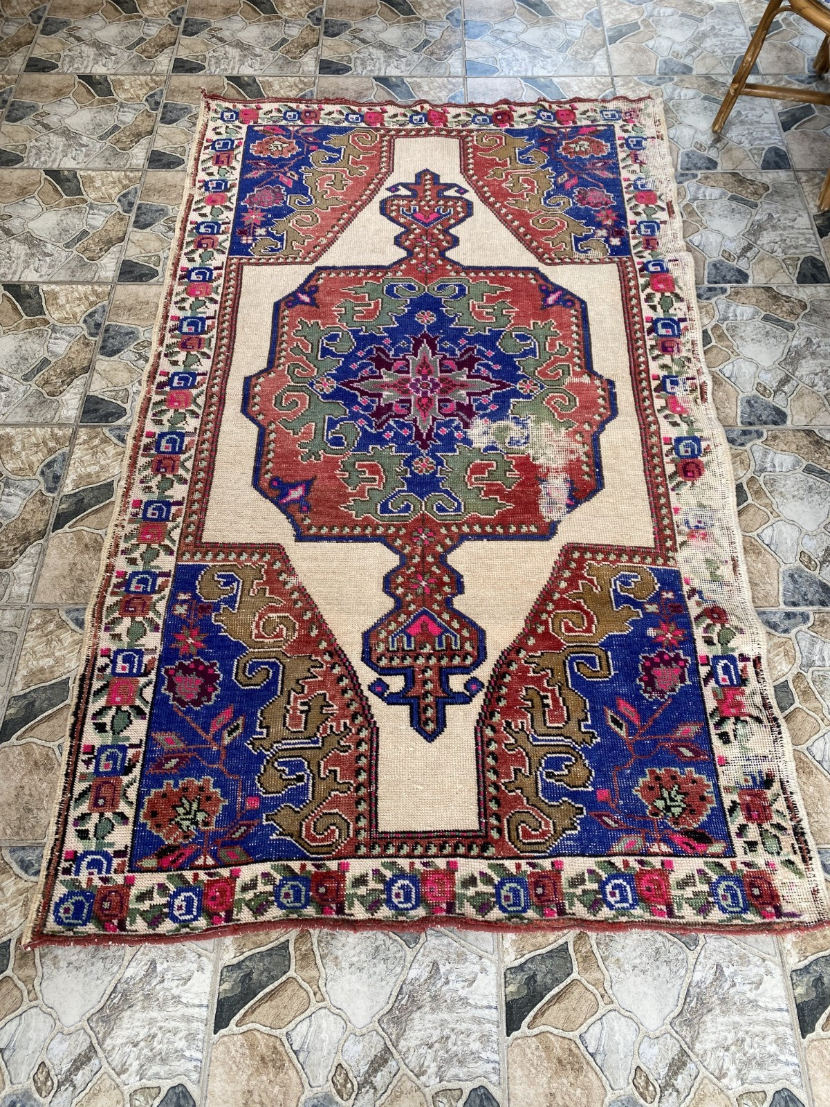 Vintage Turkish Area Rug | 4.3 x 7.3 ft Hand-Knotted Wool Distressed Antique Rug