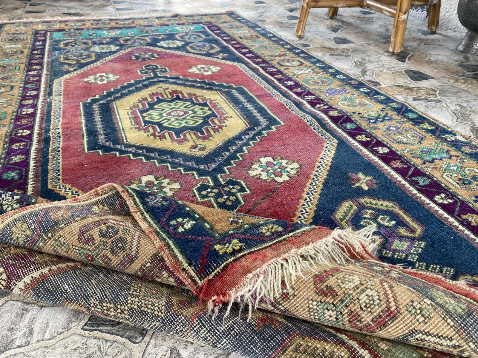 4x7 ft Vintage Turkish Rug, Geometric Pattern, Red Blue Oriental Tribal Area Rug