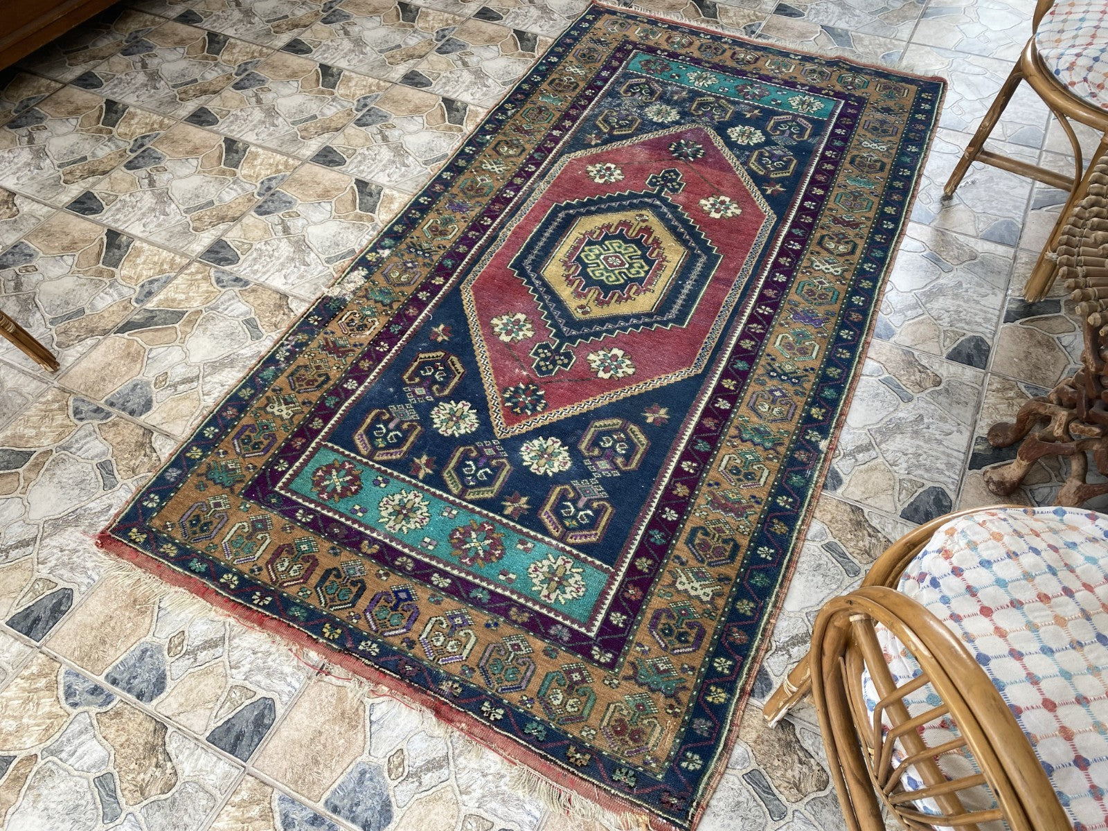 4x7 ft Vintage Turkish Rug, Geometric Pattern, Red Blue Oriental Tribal Area Rug