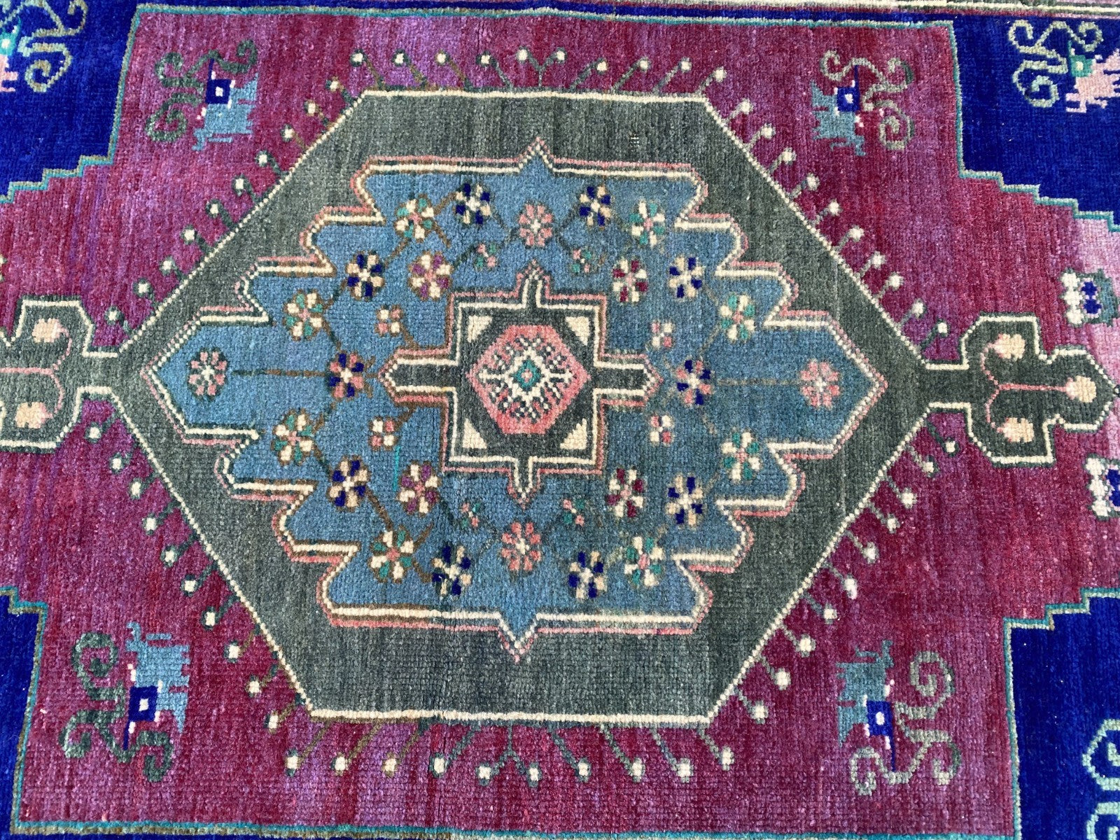 Vintage Handmade Turkish Rug Red Blue Medallion Anatolian Tribal Wool Rug 3x6 ft