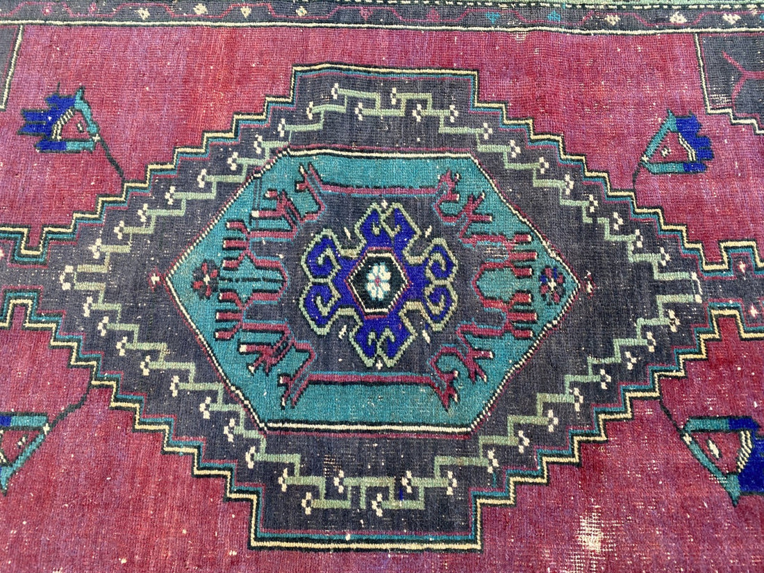 Turkish Vintage Rug, Geometric Area Farmhouse Anatolian Tribal Village Rug 3x7ft