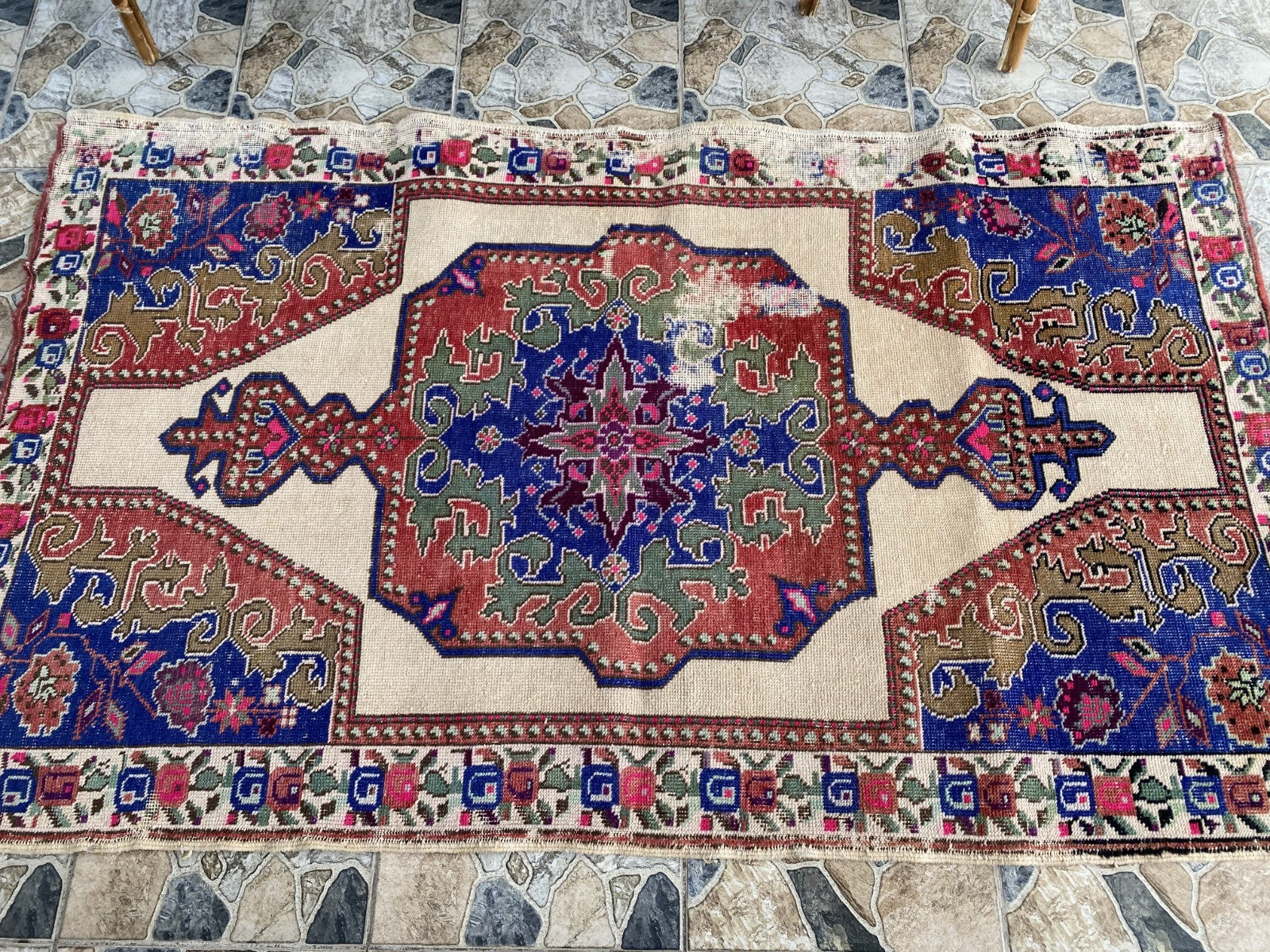 Vintage Turkish Area Rug | 4.3 x 7.3 ft Hand-Knotted Wool Distressed Antique Rug