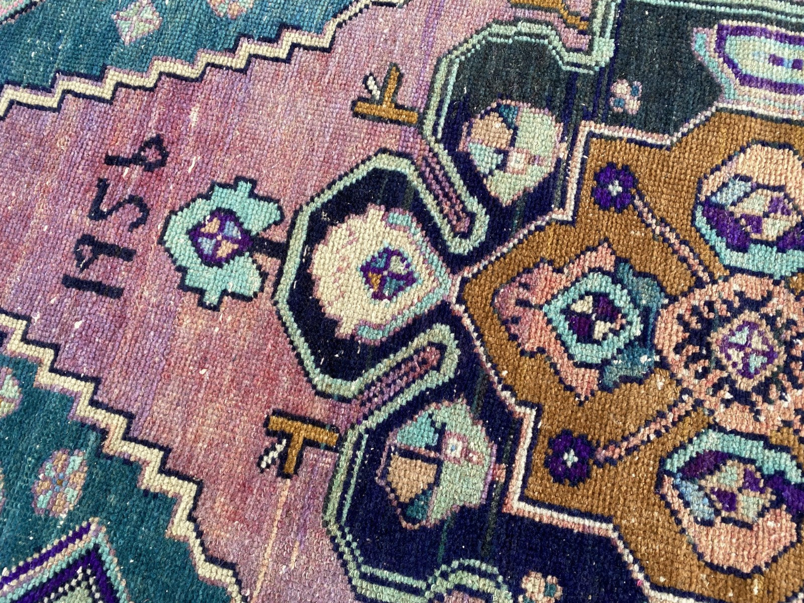 1950s Geometric Turkish Vintage Area, Tribal Handmade Anatolian Rug 3.3x7.5 ft