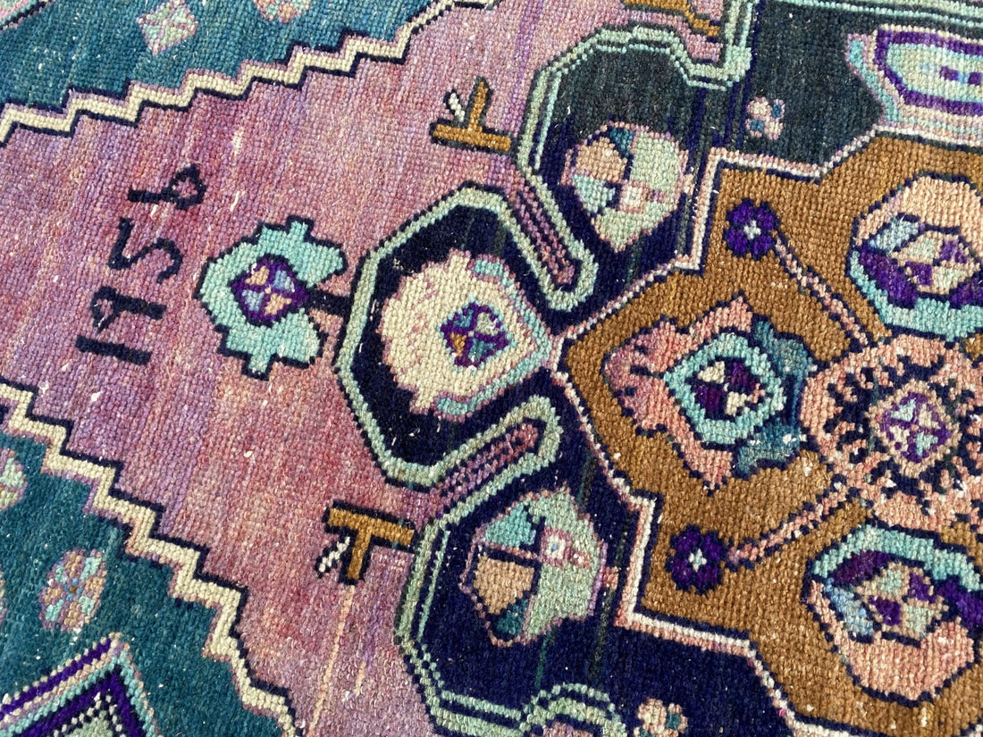 1950s Geometric Turkish Vintage Area, Tribal Handmade Anatolian Rug 3.3x7.5 ft