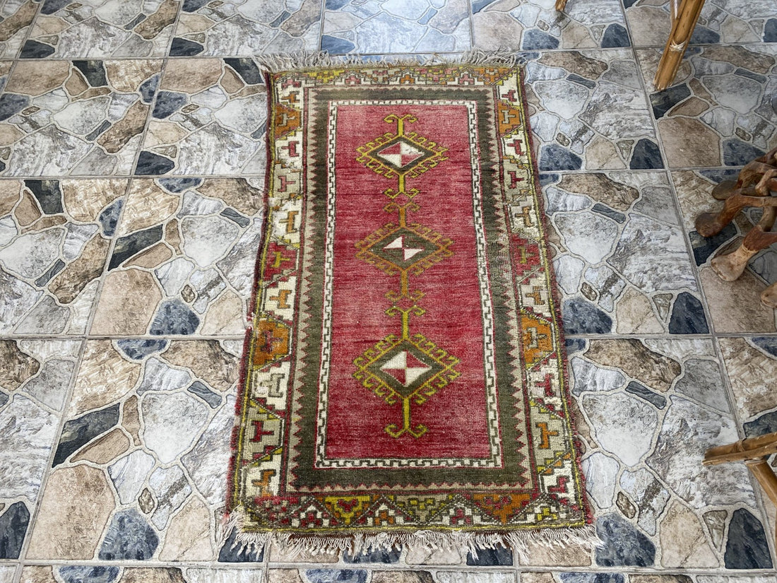 Vintage Anatolian Rug Hand-Knotted Wool Small Farmhouse Tribal Medallion 2x4 ft