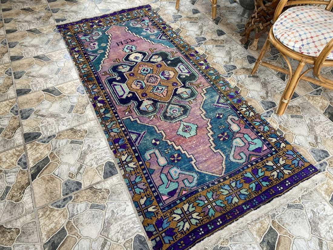 1950s Geometric Turkish Vintage Area, Tribal Handmade Anatolian Rug 3.3x7.5 ft