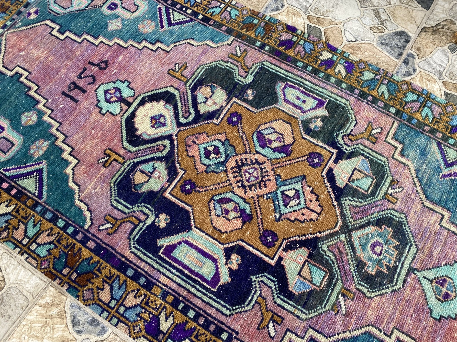 1950s Geometric Turkish Vintage Area, Tribal Handmade Anatolian Rug 3.3x7.5 ft