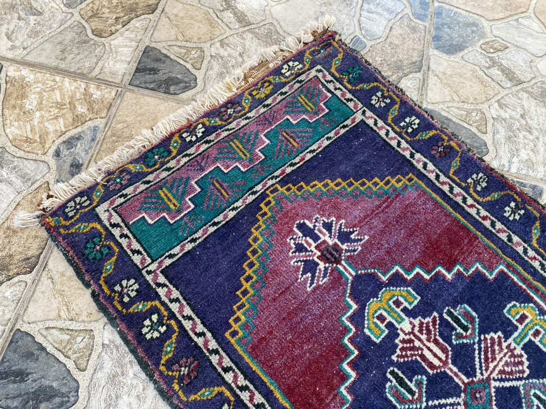 Geometric Turkish Vintage Small Rug, Tribal Handmade Anatolian Red Blue 1.9x3.4