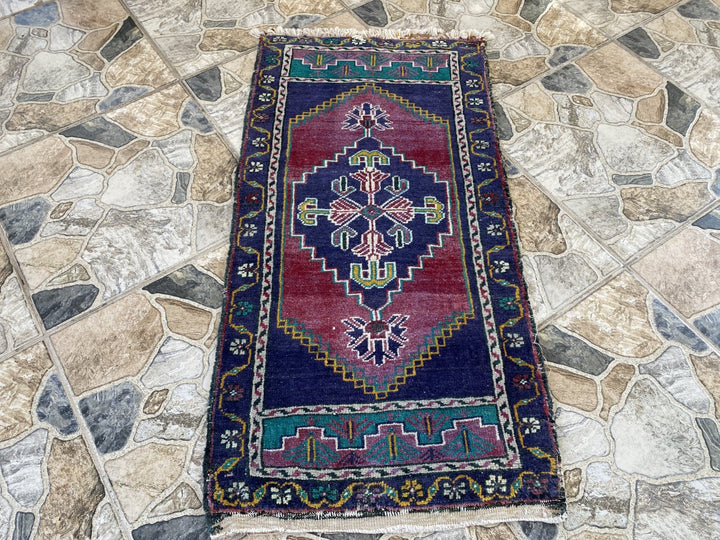 Geometric Turkish Vintage Small Rug, Tribal Handmade Anatolian Red Blue 1.9x3.4