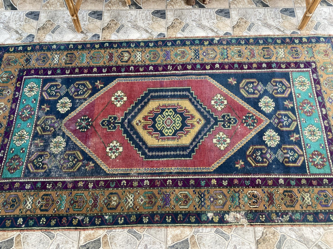 4x7 ft Vintage Turkish Rug, Geometric Pattern, Red Blue Oriental Tribal Area Rug