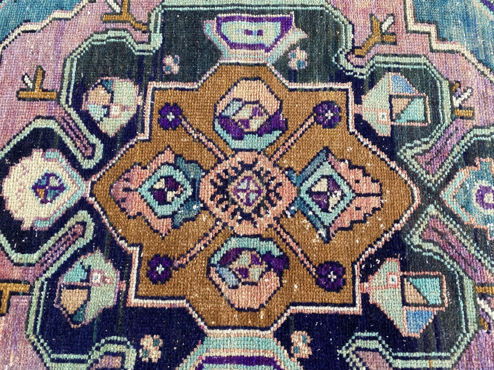 1950s Geometric Turkish Vintage Area, Tribal Handmade Anatolian Rug 3.3x7.5 ft