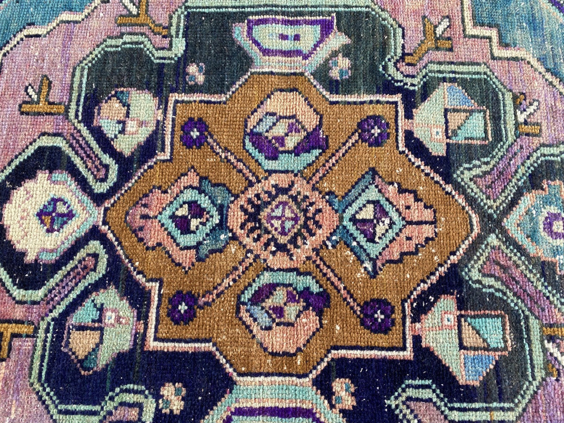 1950s Geometric Turkish Vintage Area, Tribal Handmade Anatolian Rug 3.3x7.5 ft