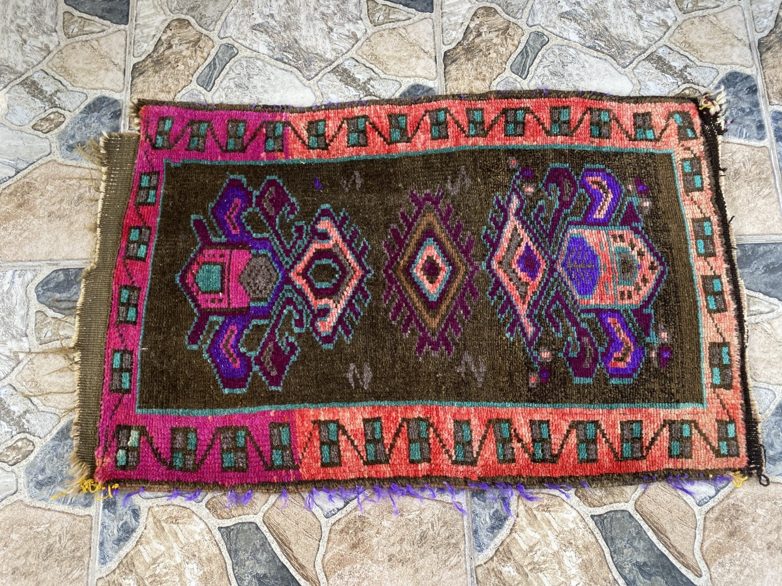 Turkish Vintage Small Rug Tribal Handmade Anatolian Kurdish Maroon 1970s 1.8x2.7