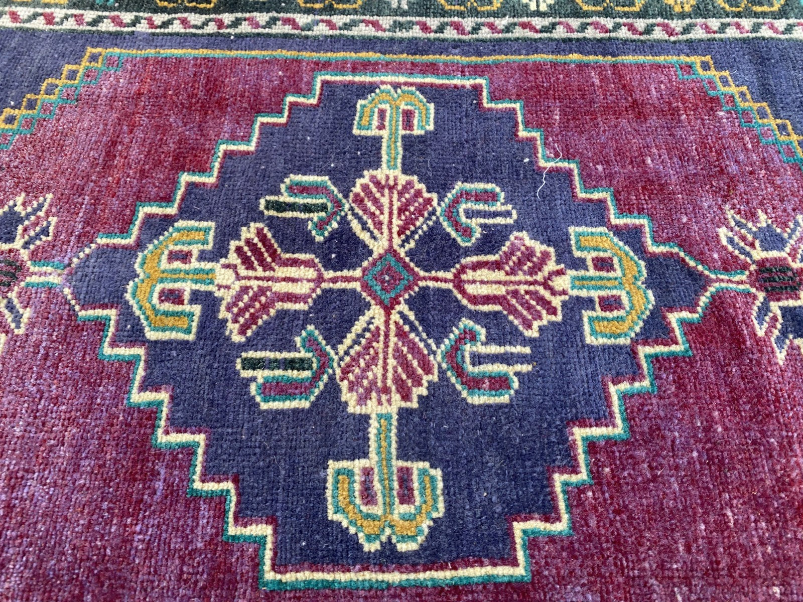 Vintage Turkish Rug 1.6x3.1 Hand Knotted Anatolian Geometric Wool Small Carpet