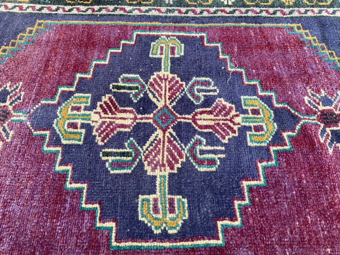 Vintage Turkish Rug 1.6x3.1 Hand Knotted Anatolian Geometric Wool Small Carpet