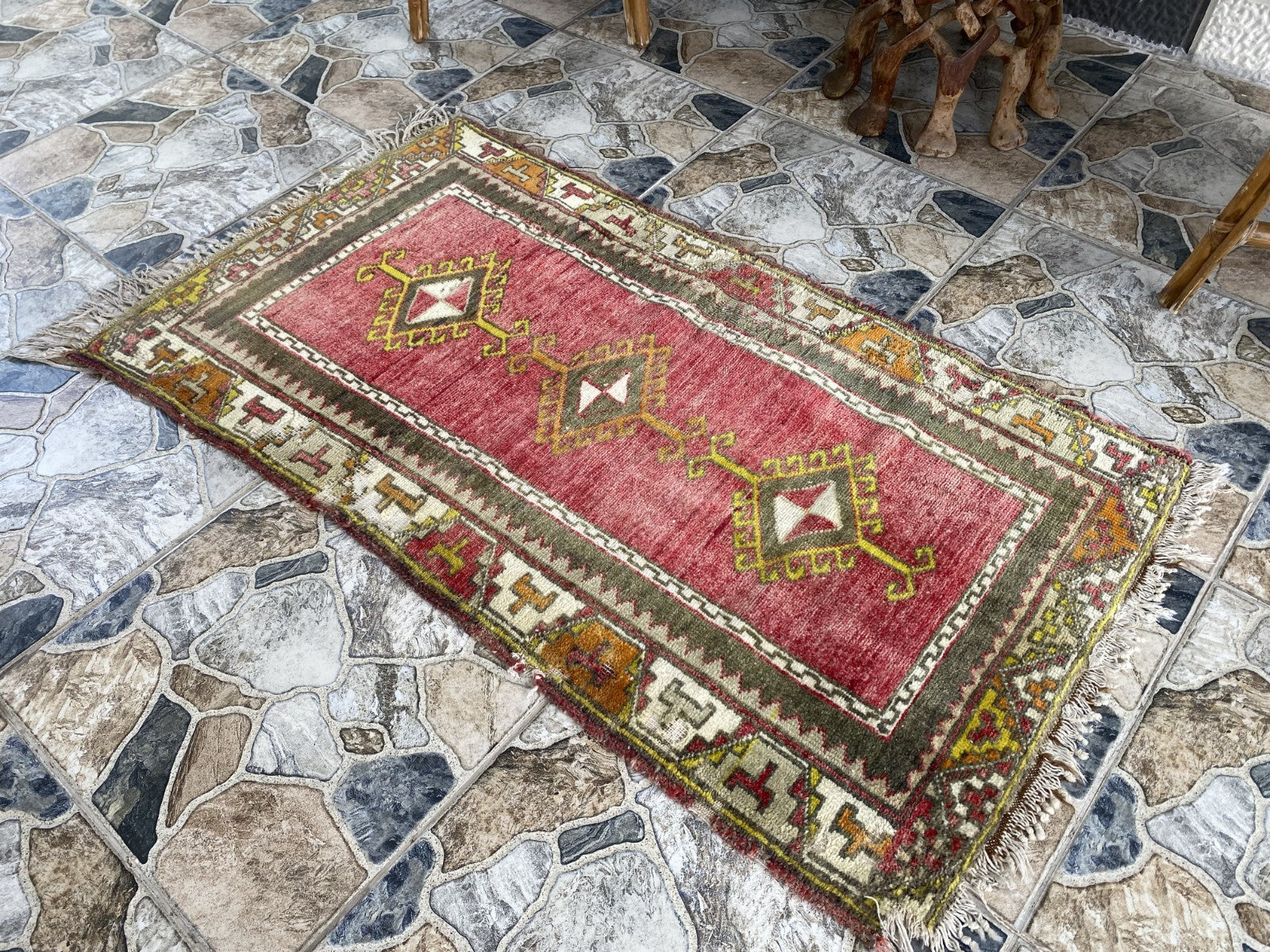Vintage Anatolian Rug Hand-Knotted Wool Small Farmhouse Tribal Medallion 2x4 ft