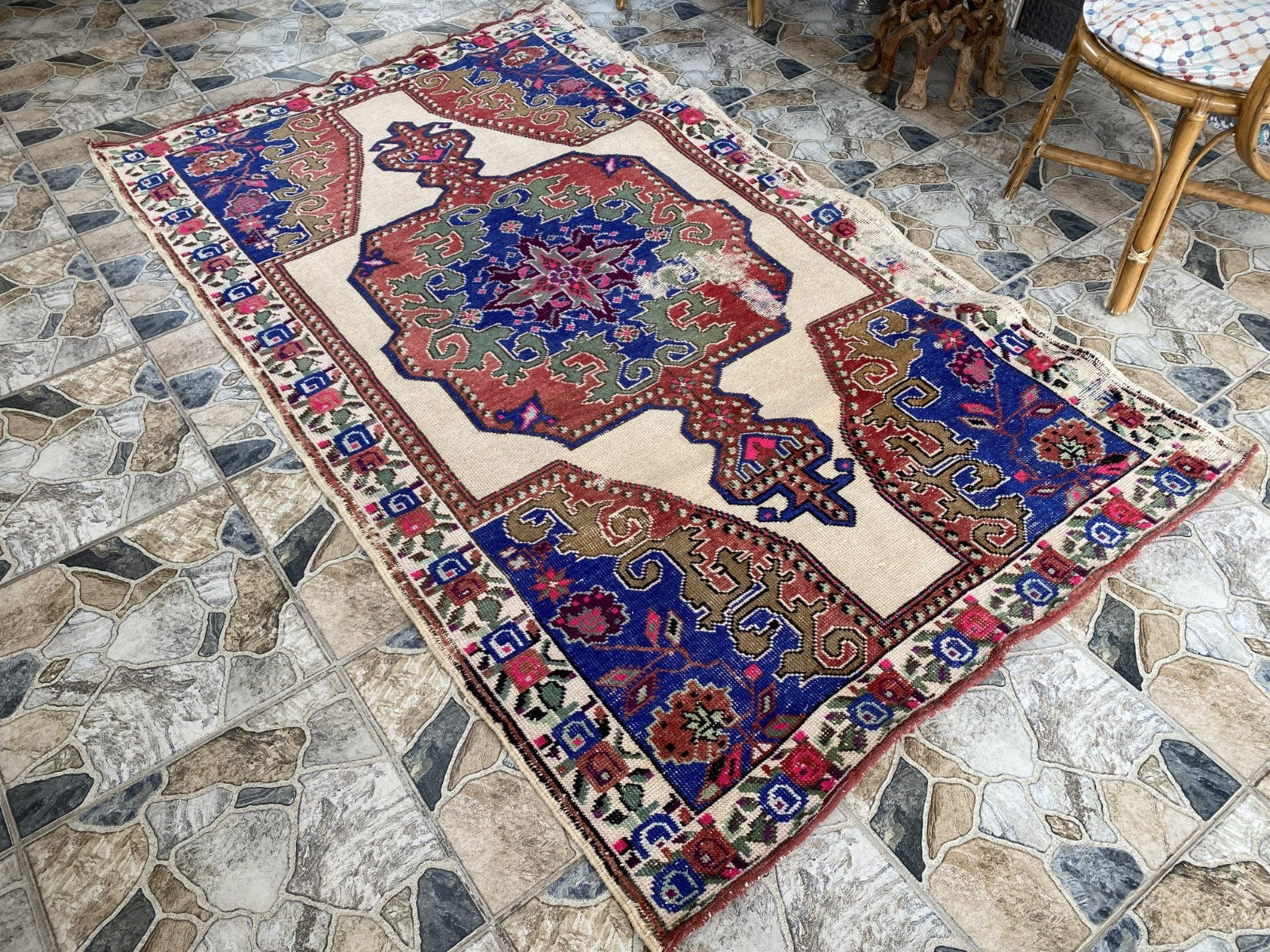 Vintage Turkish Area Rug | 4.3 x 7.3 ft Hand-Knotted Wool Distressed Antique Rug