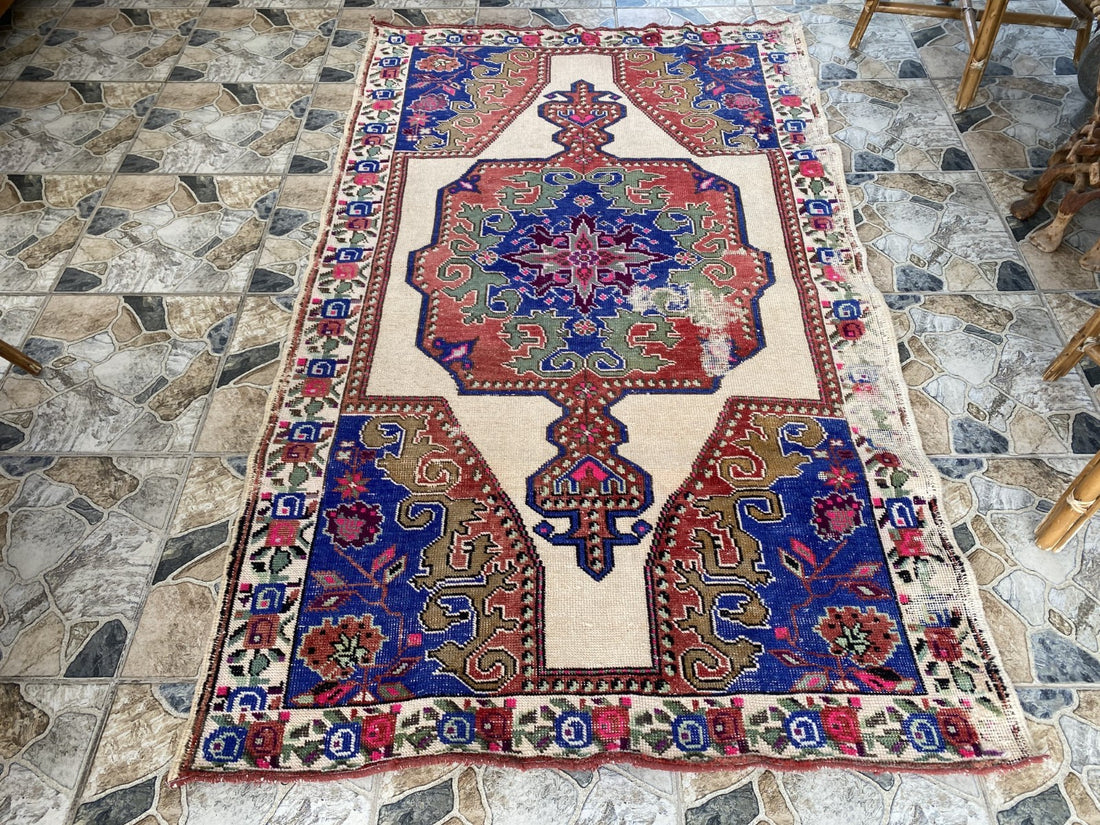 Vintage Turkish Area Rug | 4.3 x 7.3 ft Hand-Knotted Wool Distressed Antique Rug