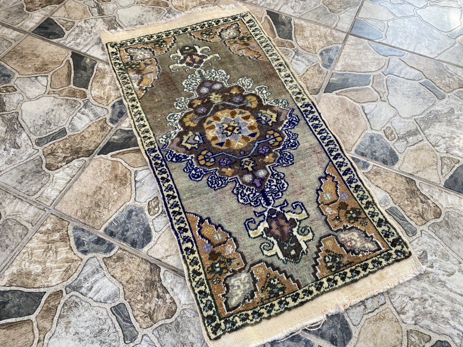 Faded Vintage Wool Rug | 1.5 x 2.9 ft Hand-Knotted Anatolian Small Medallion Rug