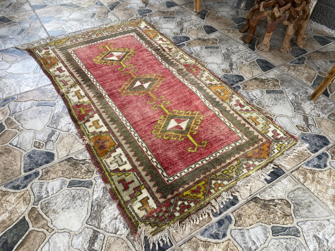 Vintage Anatolian Rug Hand-Knotted Wool Small Farmhouse Tribal Medallion 2x4 ft