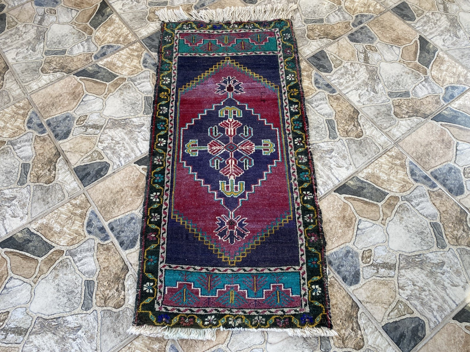 Vintage Turkish Rug 1.8x3.6 Hand Knotted Wool Anatolian Geometric Small Carpet