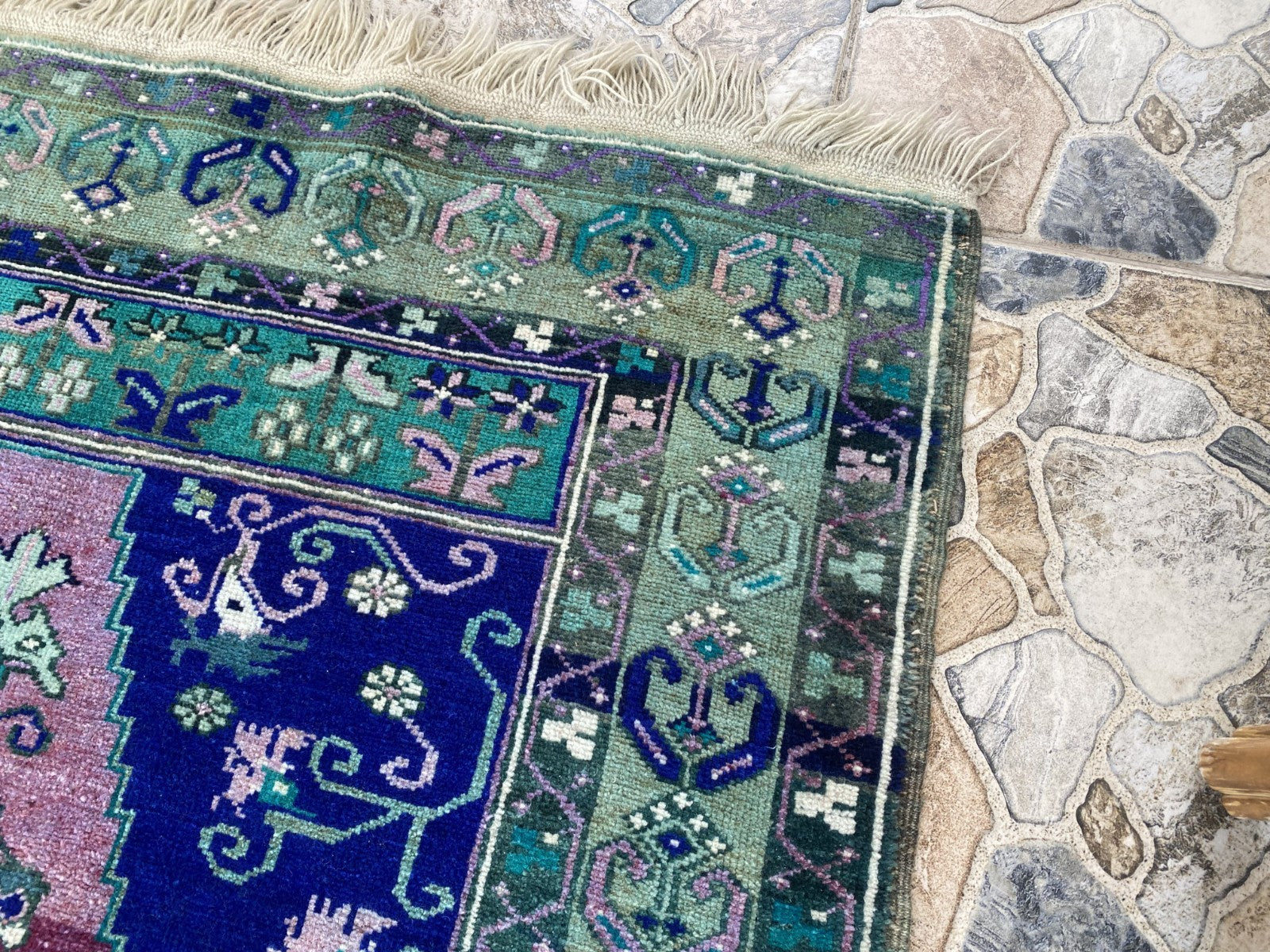 Vintage Handmade Turkish Rug Red Blue Medallion Anatolian Tribal Wool Rug 3x6 ft