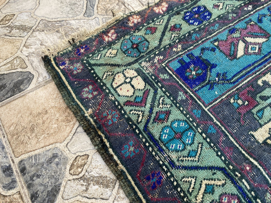 Turkish Vintage Rug, Geometric Area Farmhouse Anatolian Tribal Village Rug 3x7ft