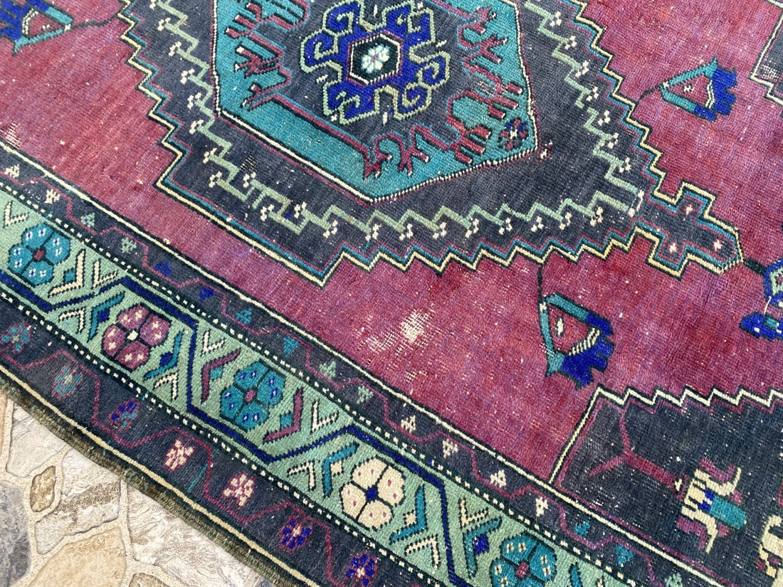Turkish Vintage Rug, Geometric Area Farmhouse Anatolian Tribal Village Rug 3x7ft