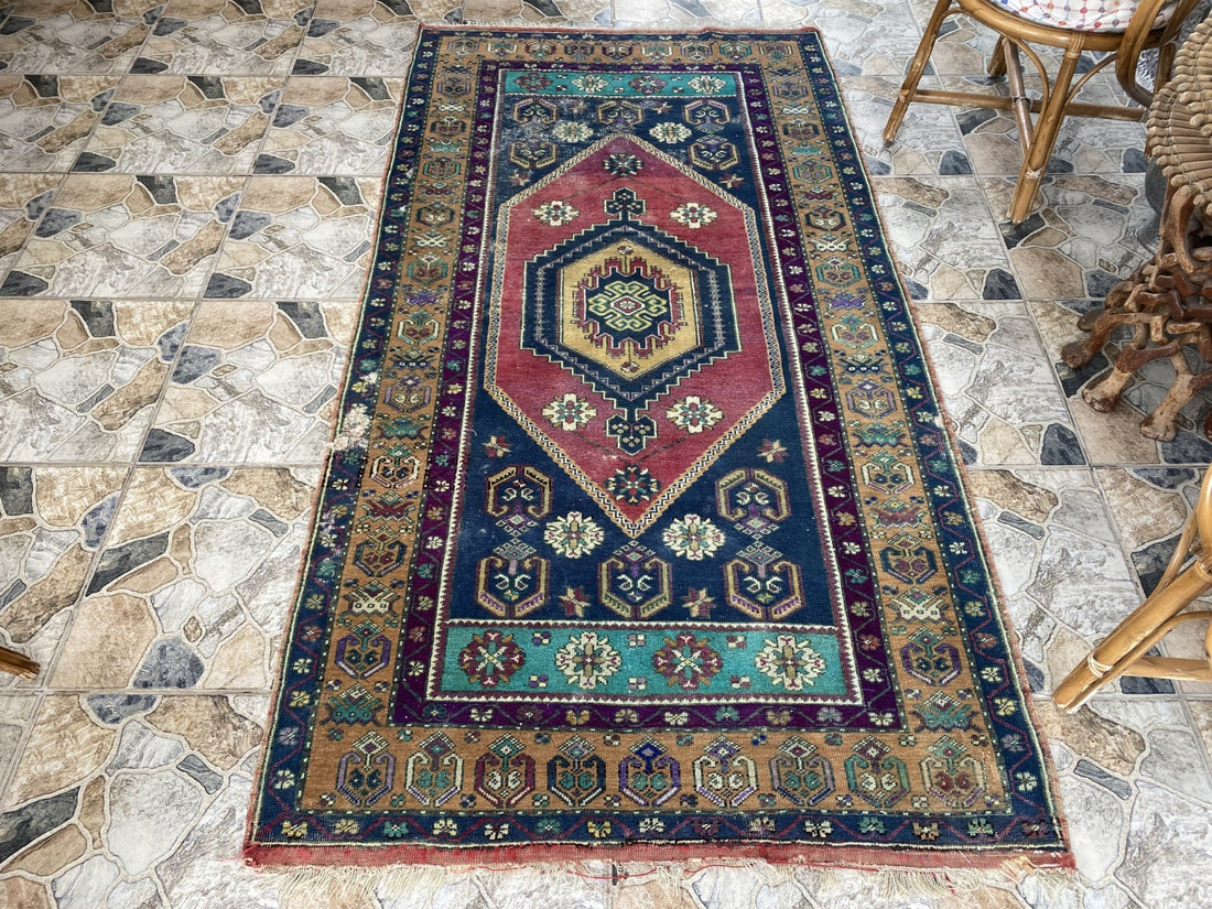 4x7 ft Vintage Turkish Rug, Geometric Pattern, Red Blue Oriental Tribal Area Rug