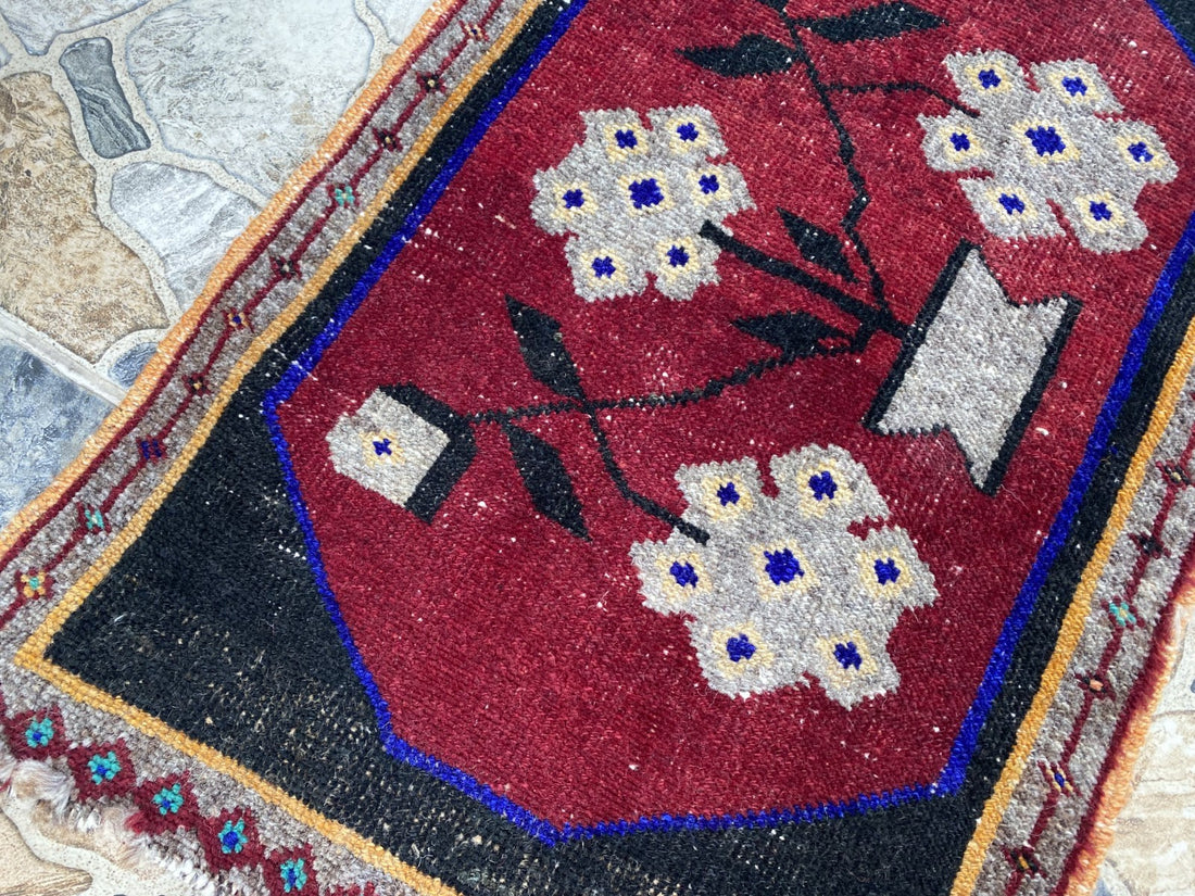 Vintage Turkish Accent Rug, Tribal Handmade Anatolian Small 1970s Red 1.7x2.6 ft