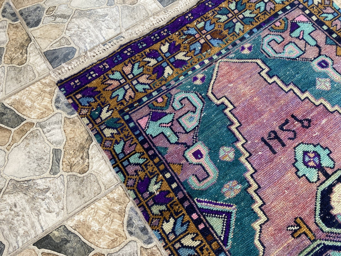 1950s Geometric Turkish Vintage Area, Tribal Handmade Anatolian Rug 3.3x7.5 ft