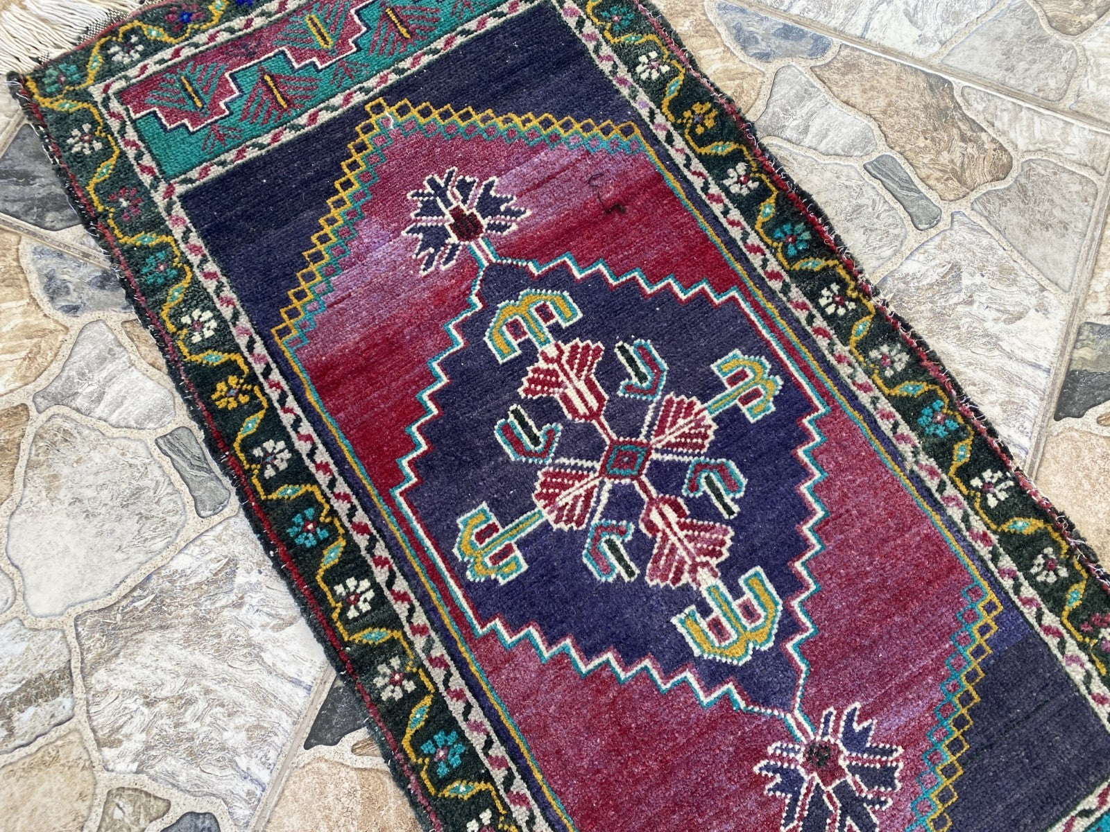 Vintage Turkish Rug 1.8x3.6 Hand Knotted Wool Anatolian Geometric Small Carpet