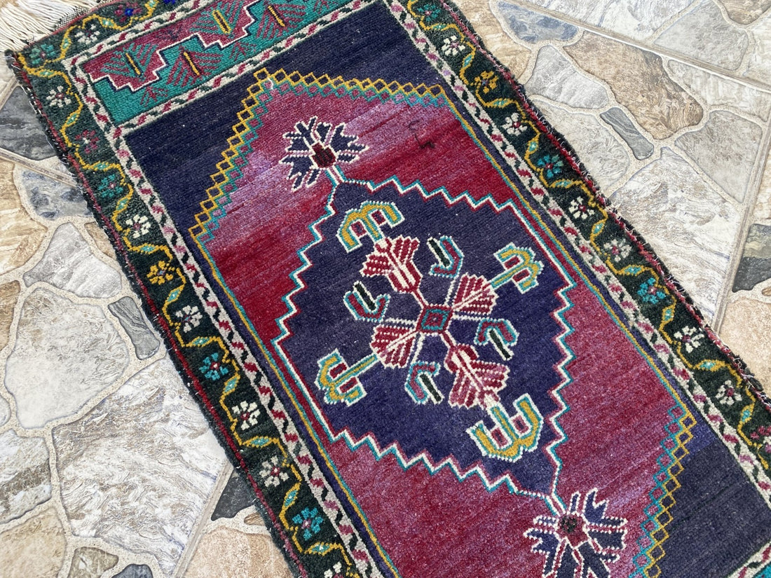 Vintage Turkish Rug 1.8x3.6 Hand Knotted Wool Anatolian Geometric Small Carpet