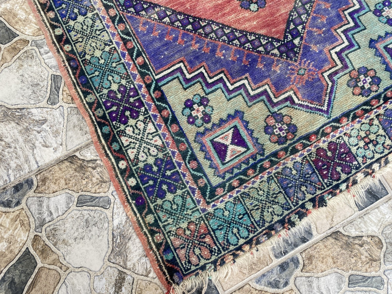 3x6 ft Vintage Turkish Rug Red Blue Farmhouse Oriental Medallion Tribal Area Rug