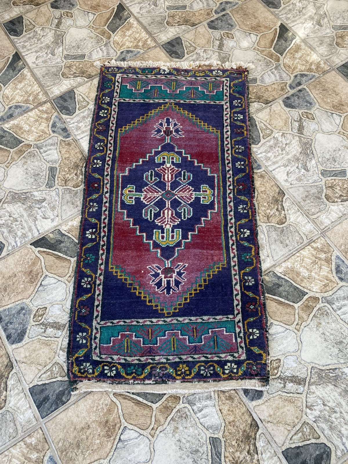 Geometric Turkish Vintage Small Rug, Tribal Handmade Anatolian Red Blue 1.9x3.4