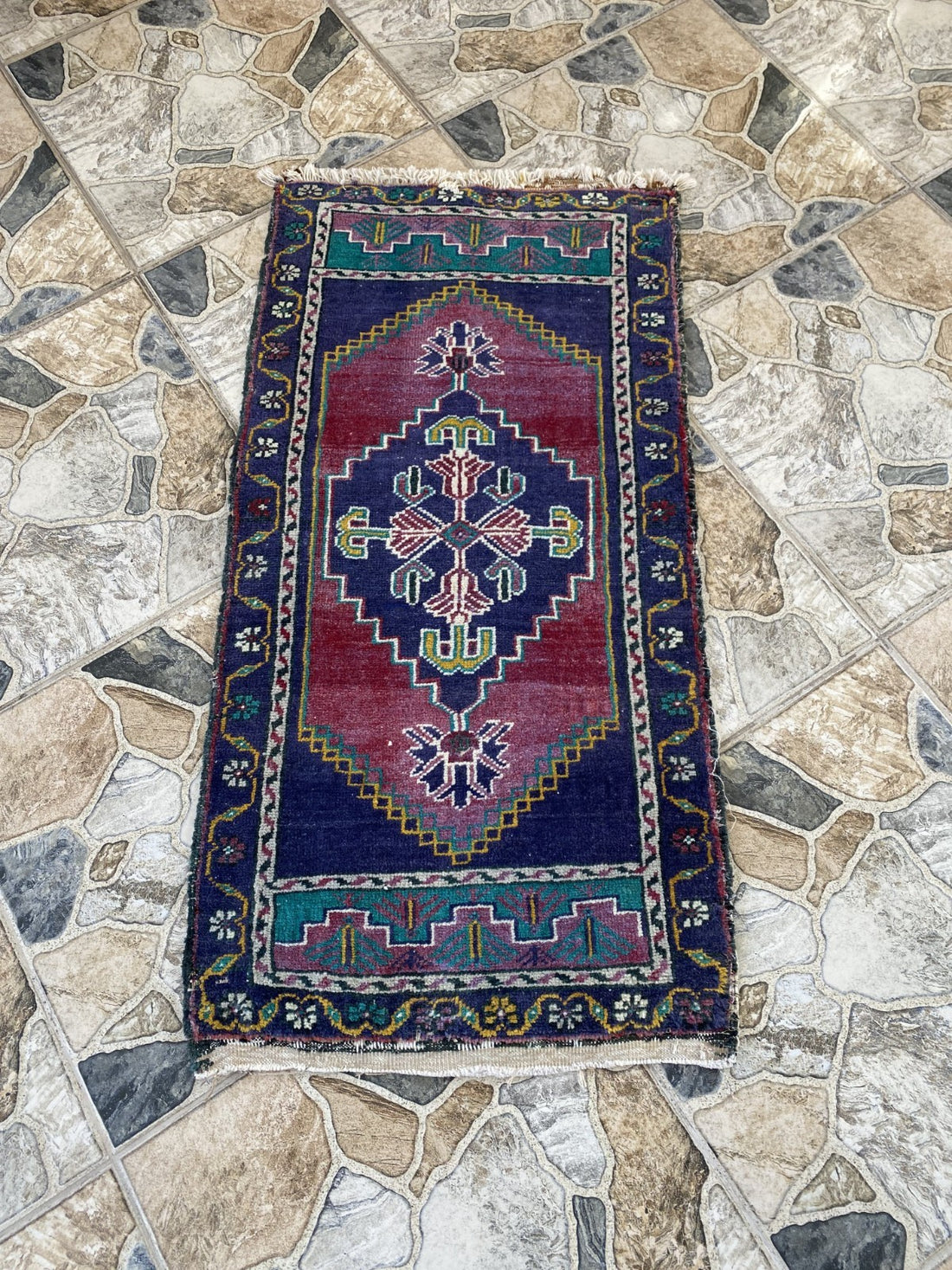 Geometric Turkish Vintage Small Rug, Tribal Handmade Anatolian Red Blue 1.9x3.4