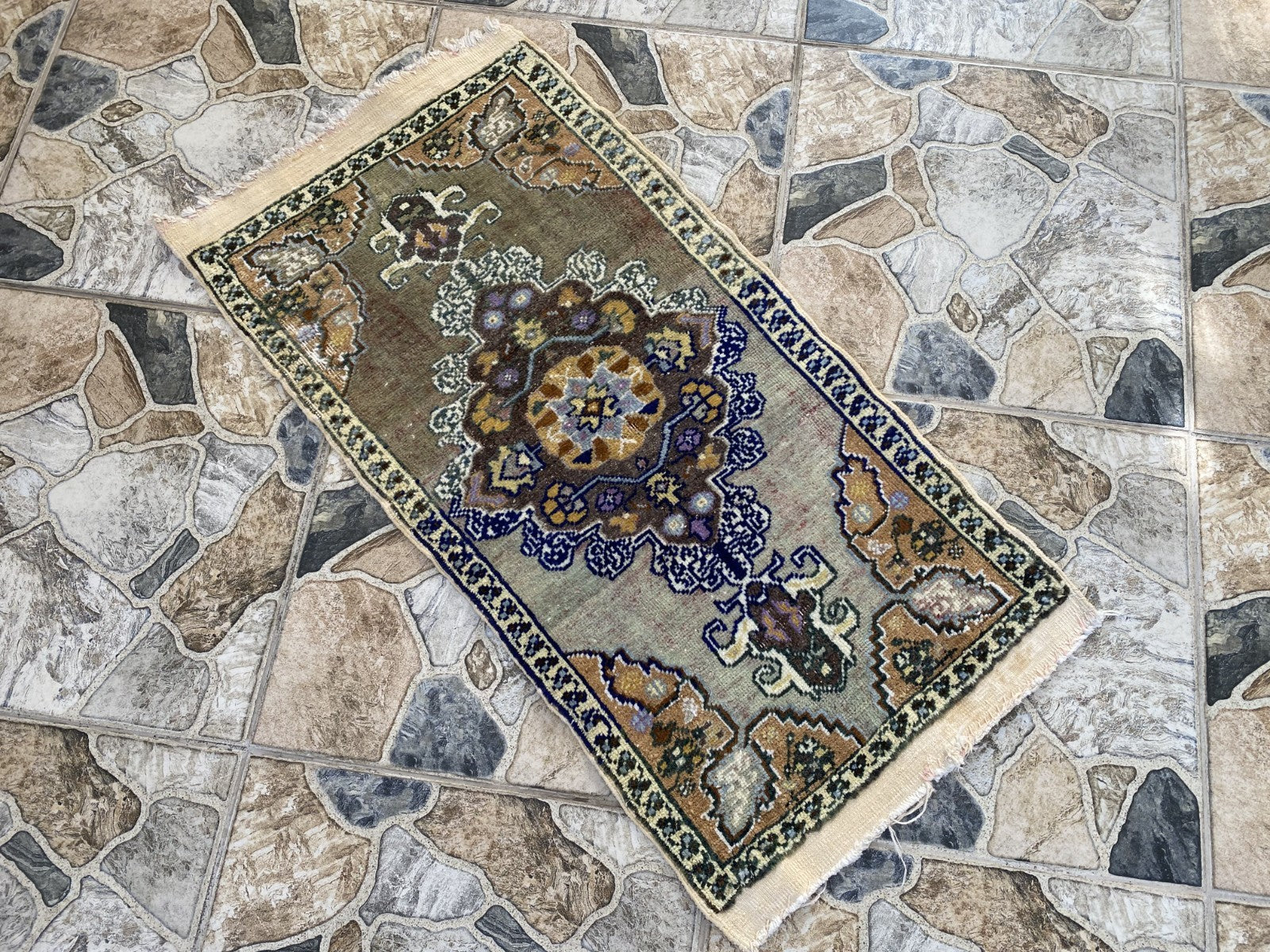 Faded Vintage Wool Rug | 1.5 x 2.9 ft Hand-Knotted Anatolian Small Medallion Rug