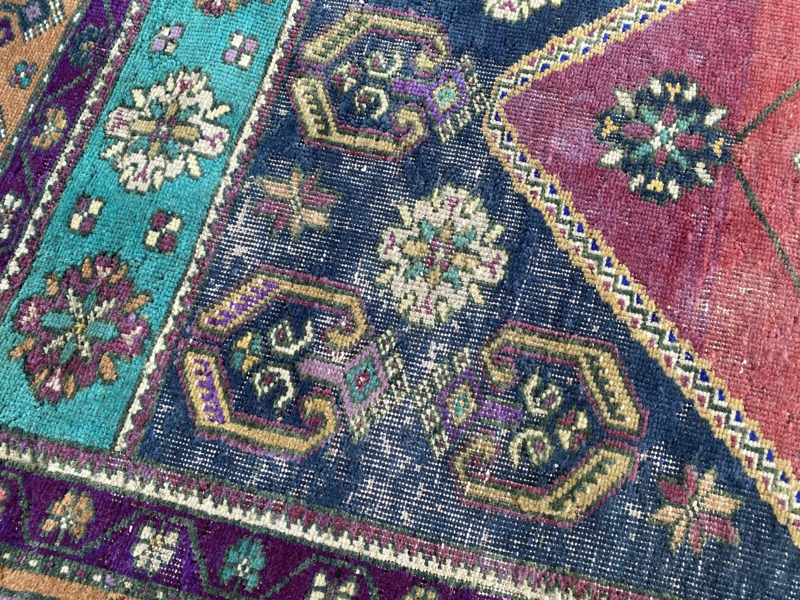 4x7 ft Vintage Turkish Rug, Geometric Pattern, Red Blue Oriental Tribal Area Rug