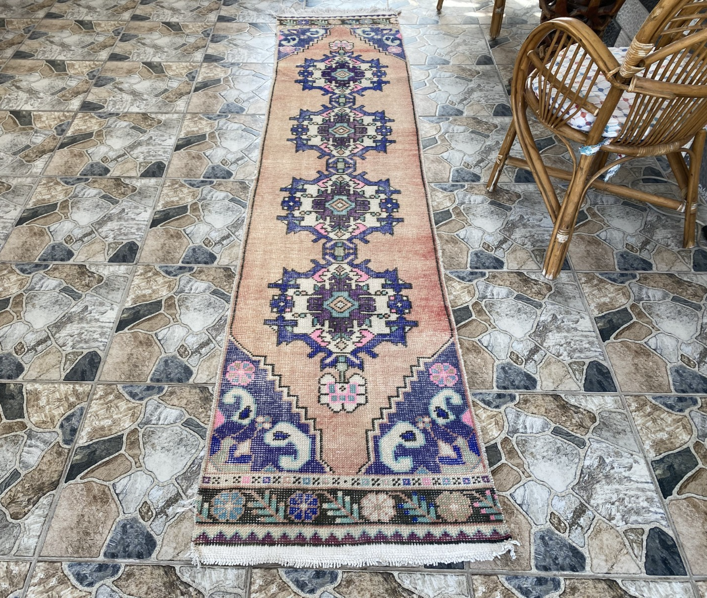 Geometric Turkish Vintage Rug, Runner Farmhouse Anatolian Tribal Village Rug 2x9