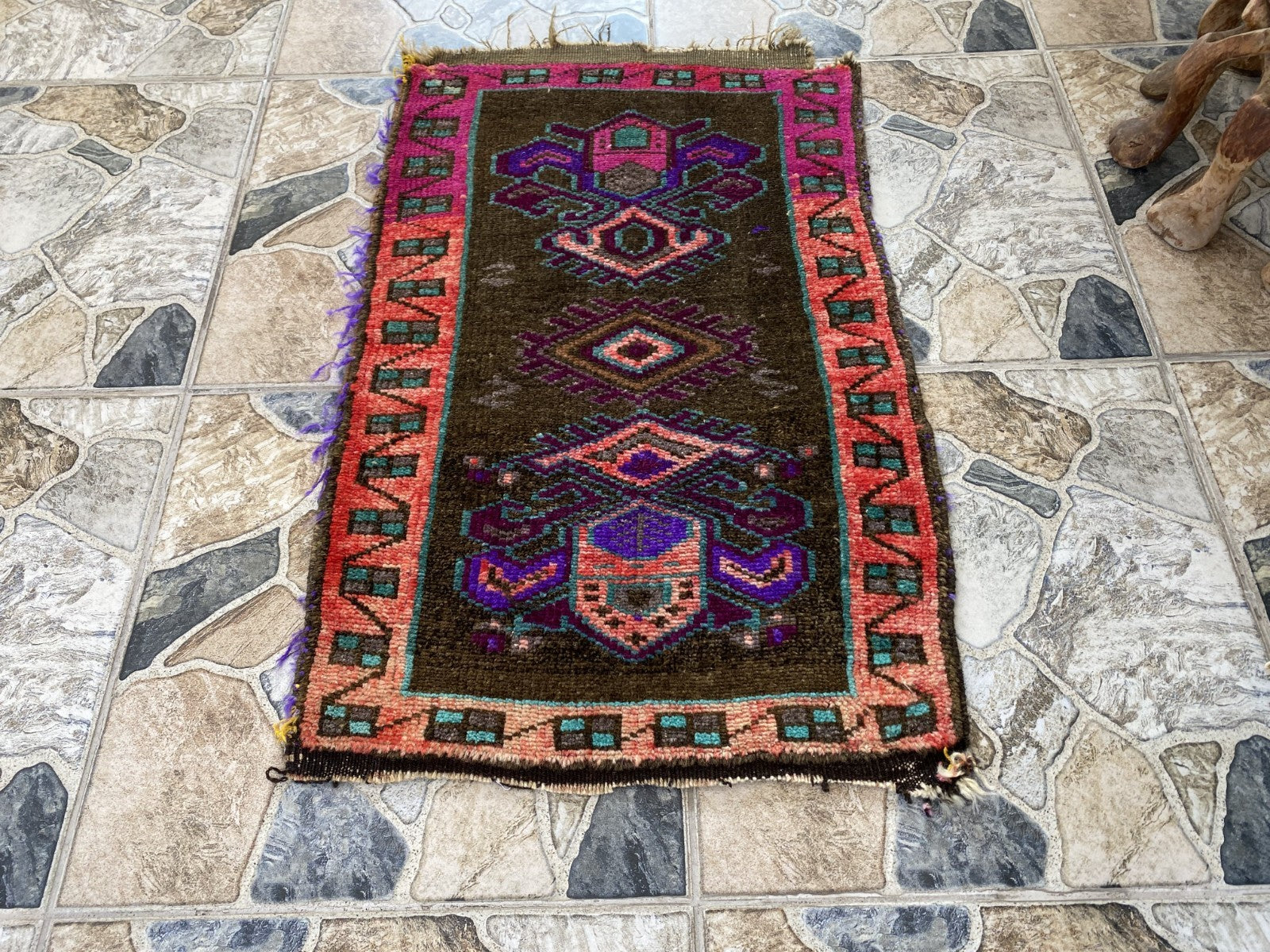 Turkish Vintage Small Rug Tribal Handmade Anatolian Kurdish Maroon 1970s 1.8x2.7