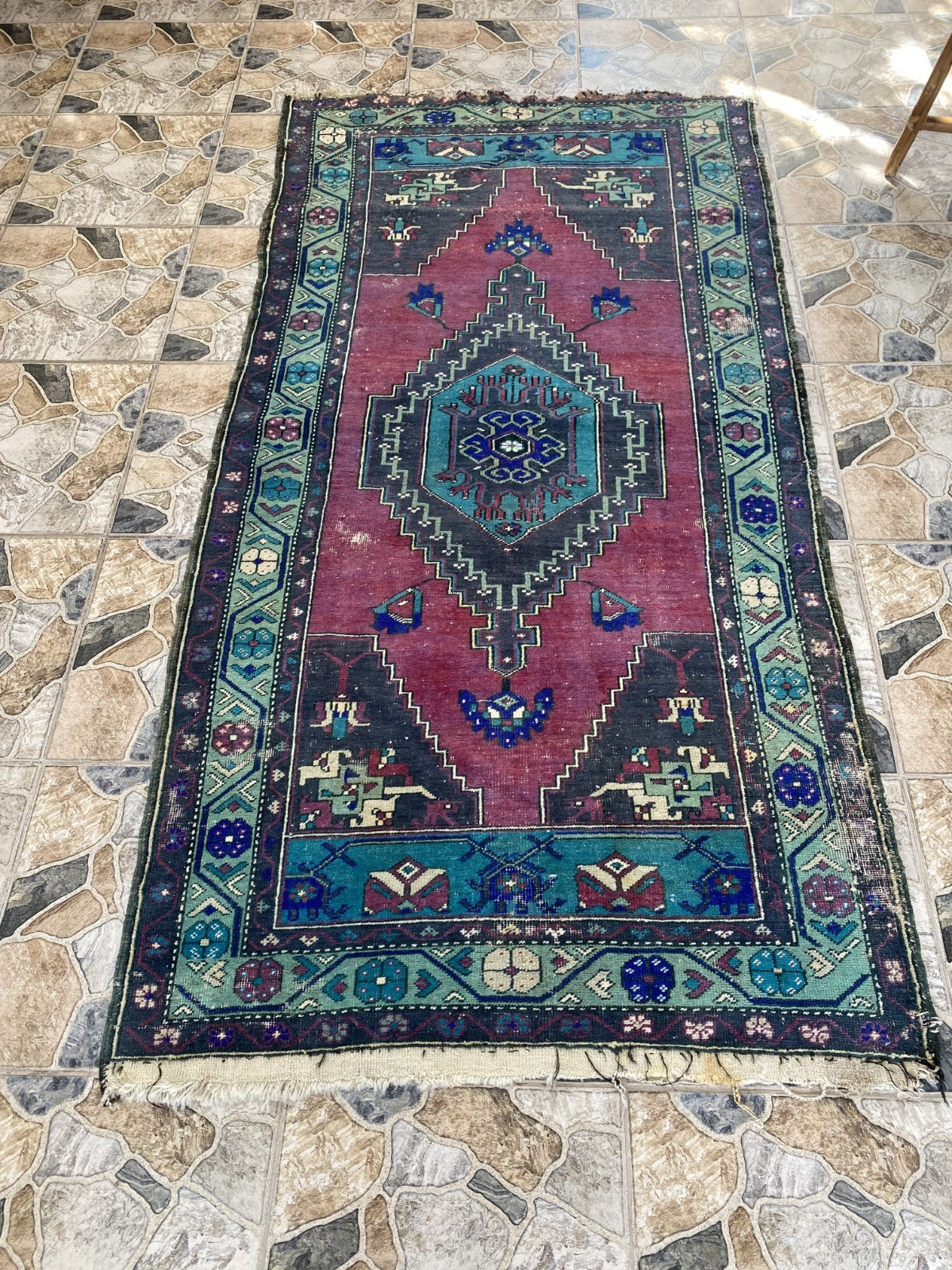 Turkish Vintage Rug, Geometric Area Farmhouse Anatolian Tribal Village Rug 3x7ft
