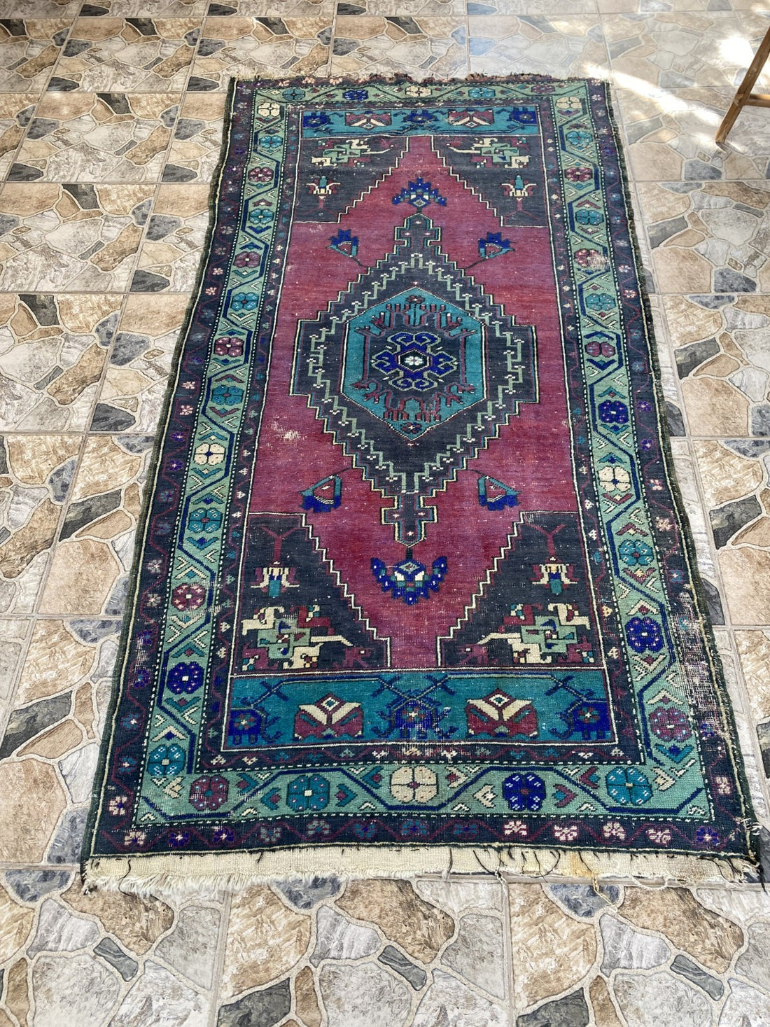 Turkish Vintage Rug, Geometric Area Farmhouse Anatolian Tribal Village Rug 3x7ft