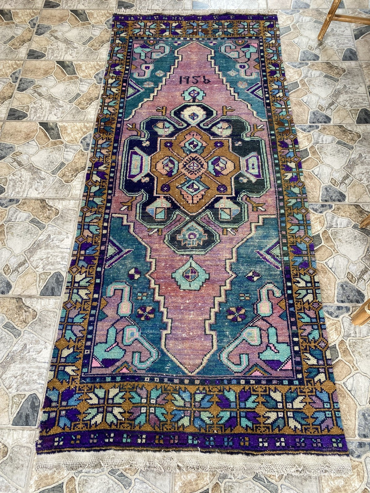 1950s Geometric Turkish Vintage Area, Tribal Handmade Anatolian Rug 3.3x7.5 ft