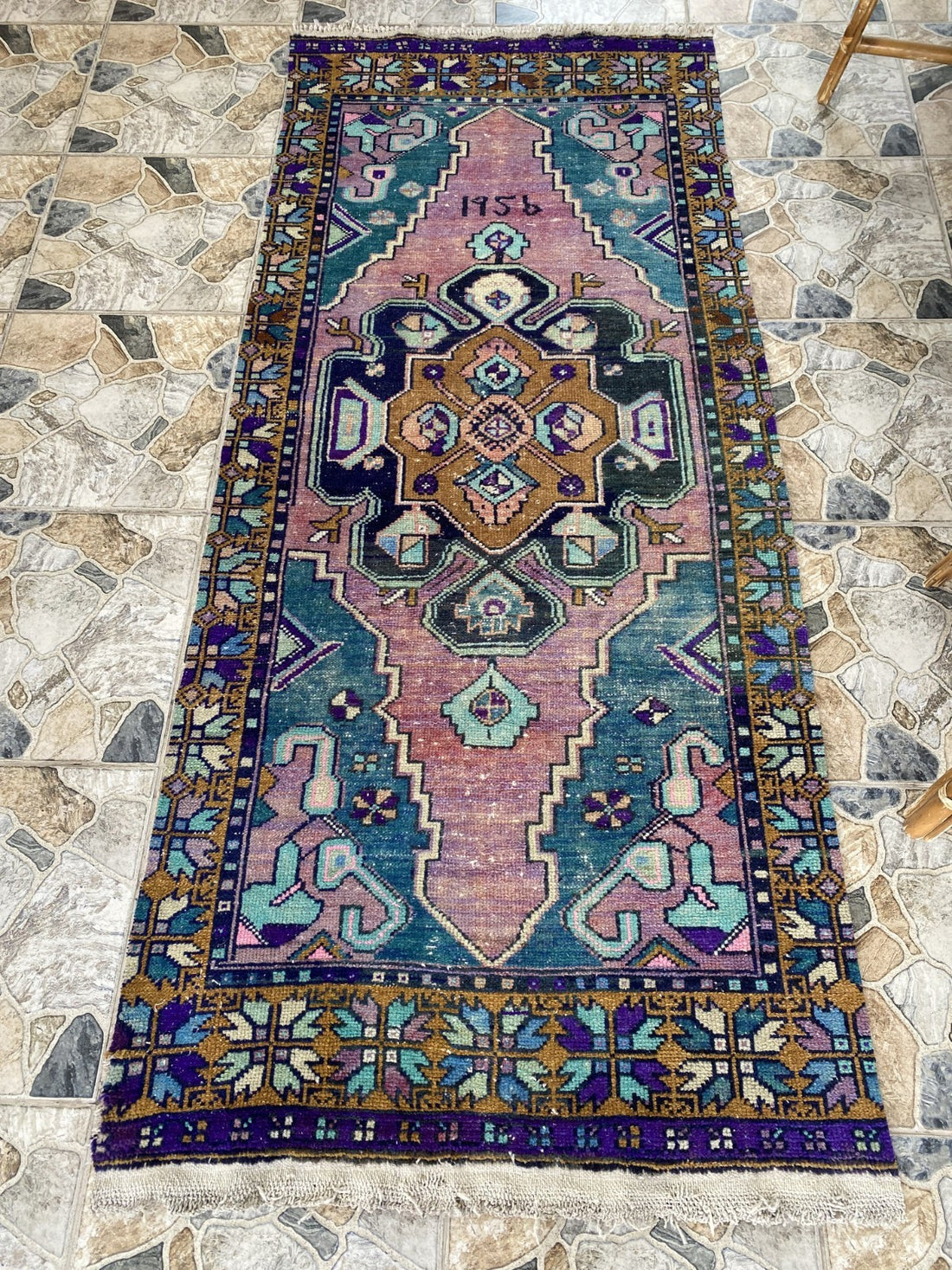 1950s Geometric Turkish Vintage Area, Tribal Handmade Anatolian Rug 3.3x7.5 ft