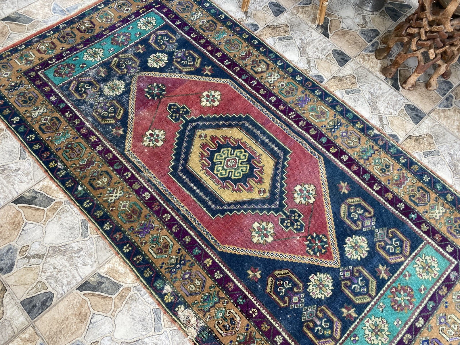 4x7 ft Vintage Turkish Rug, Geometric Pattern, Red Blue Oriental Tribal Area Rug