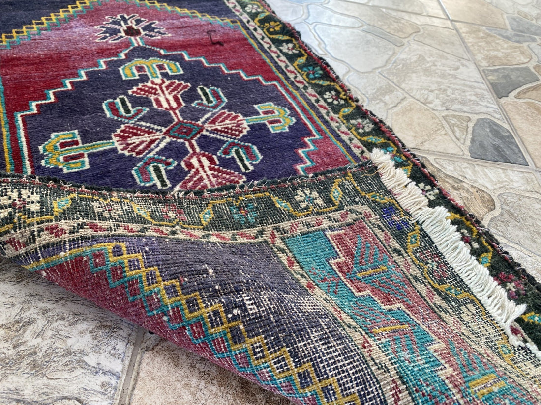 Vintage Turkish Rug 1.8x3.6 Hand Knotted Wool Anatolian Geometric Small Carpet