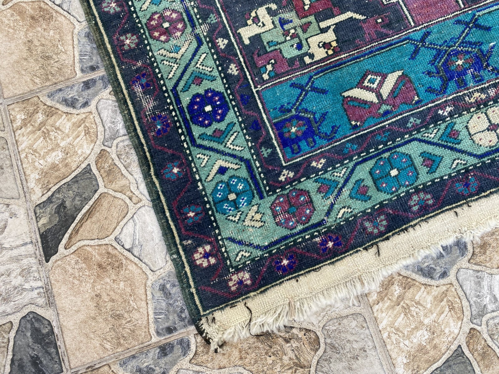 Turkish Vintage Rug, Geometric Area Farmhouse Anatolian Tribal Village Rug 3x7ft