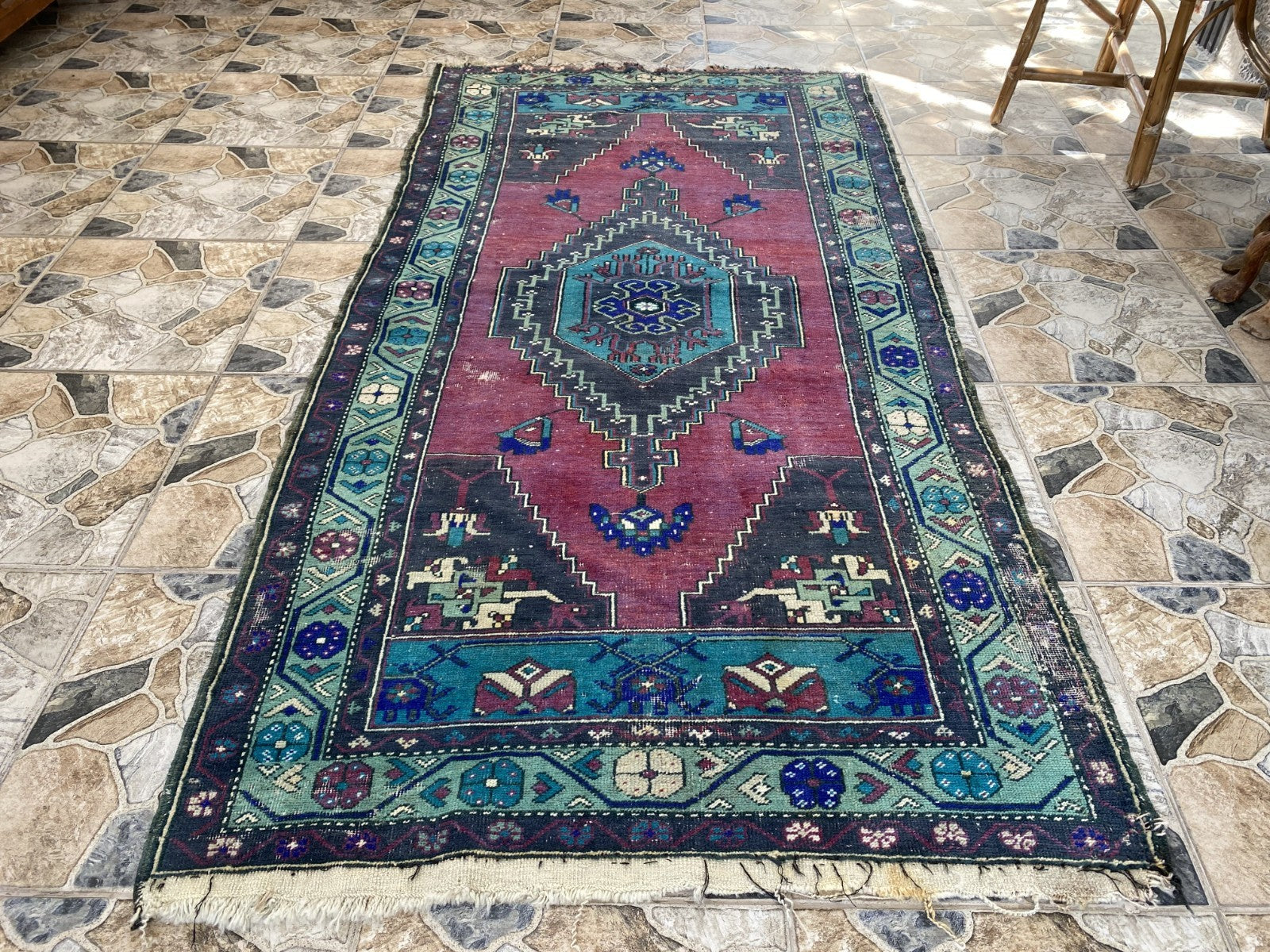 Turkish Vintage Rug, Geometric Area Farmhouse Anatolian Tribal Village Rug 3x7ft