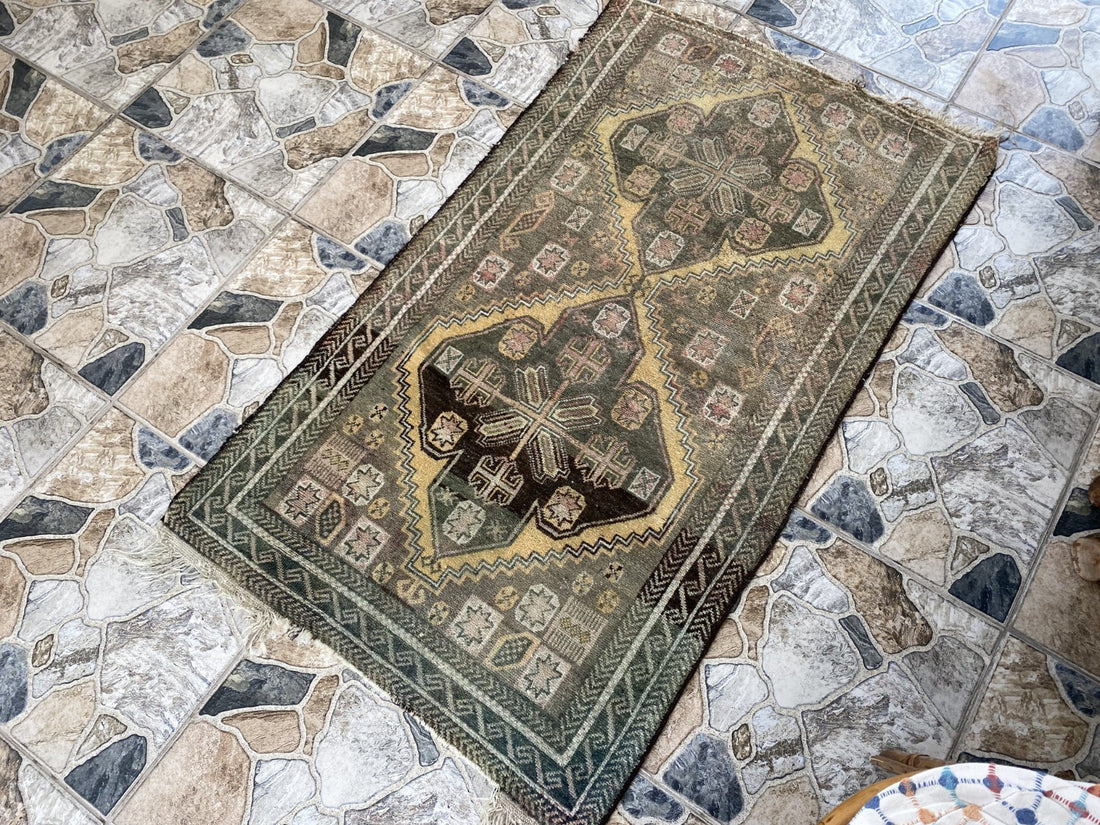 Vintage Persian Beluch Rug, Small Tribal Wool Handmade Oriental Carpet 2.6x4.5ft